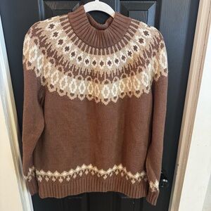 Lands’ End Women’s Large Brown Wool Blend Mock Neck Fair Isle Sweater